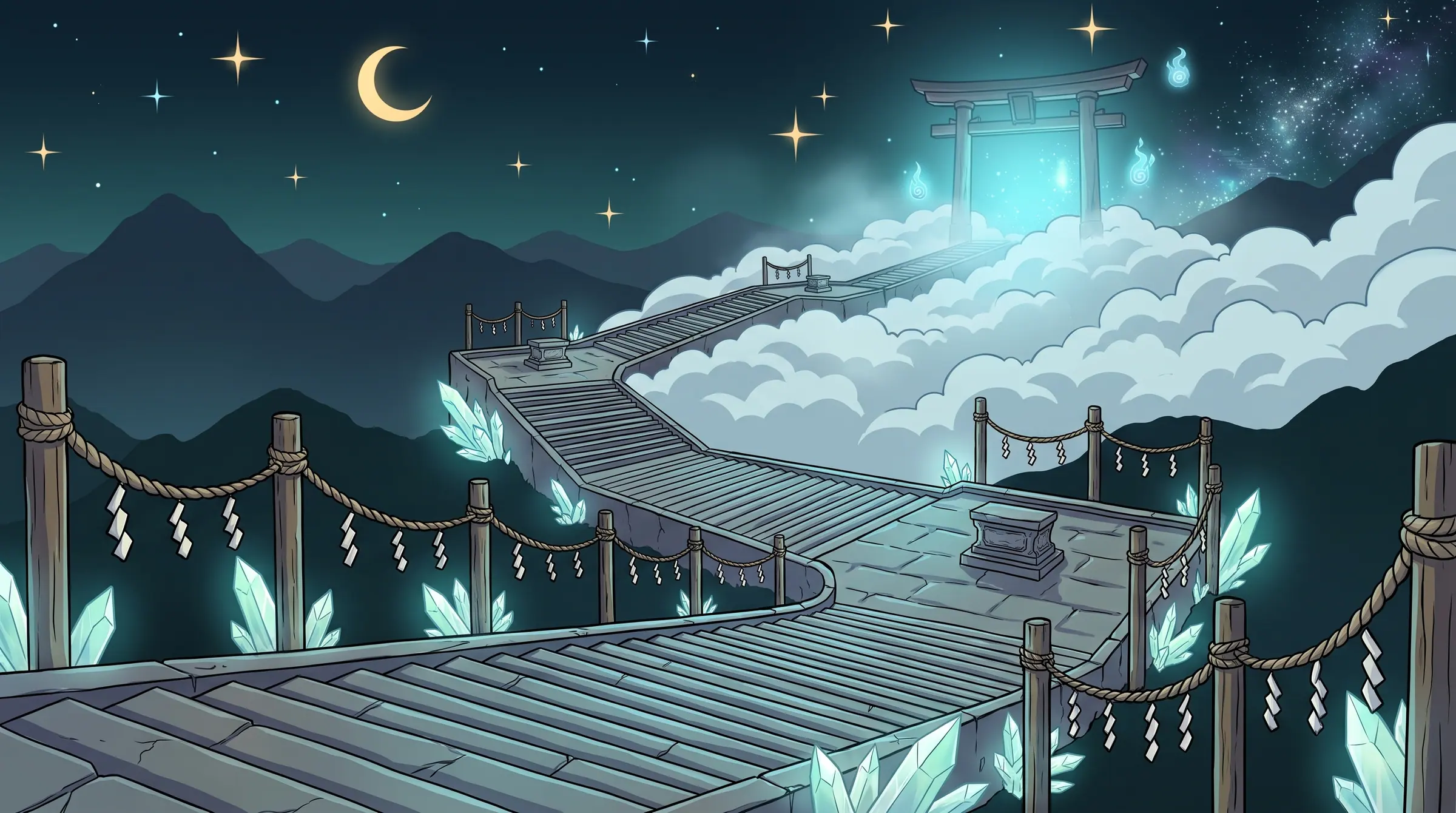 A stone stair climbing through cloud toward a distant gate